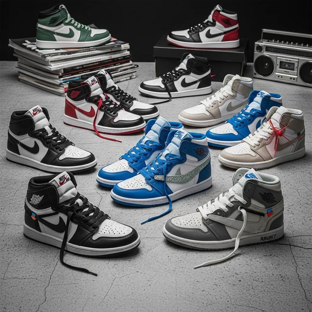 Collection of fake Air Jordan 1 sneakers in popular colorways highlighting sneaker culture