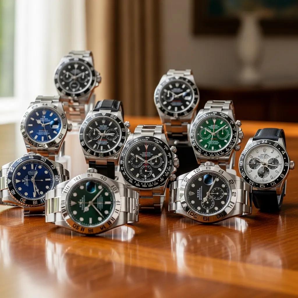Collection of fake Rolex watches displayed elegantly on a wooden table