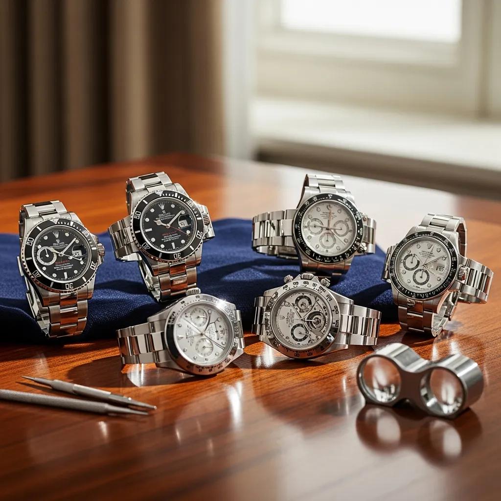 Collection of fake Rolex watches displayed on a wooden table, showcasing craftsmanship and design