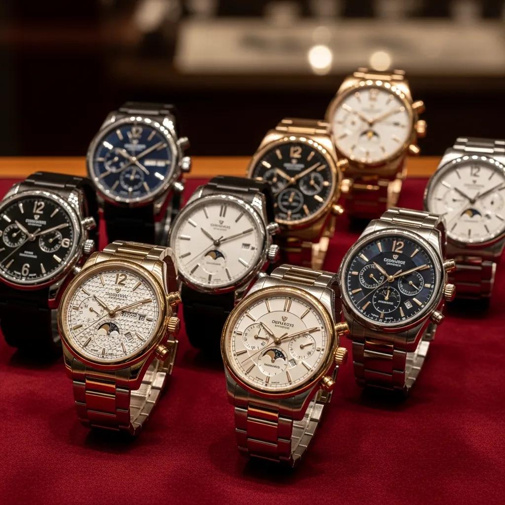 Collection of high-quality replica watches displayed elegantly, showcasing intricate craftsmanship