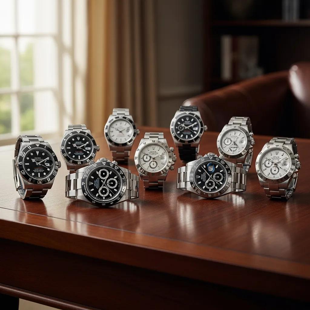 Collection of imitation Rolex watches displayed on a wooden table, showcasing their design and craftsmanship