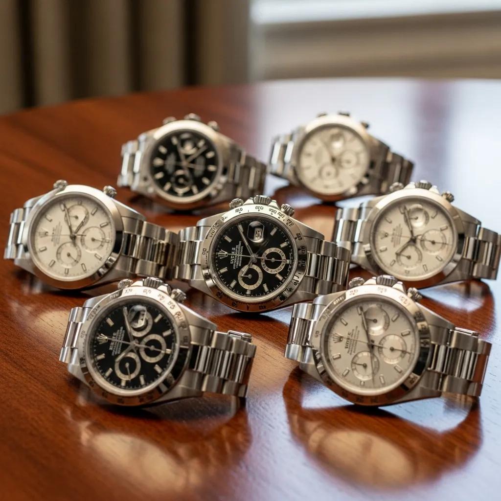 Collection of luxury replica Rolex watches displayed elegantly on a wooden table