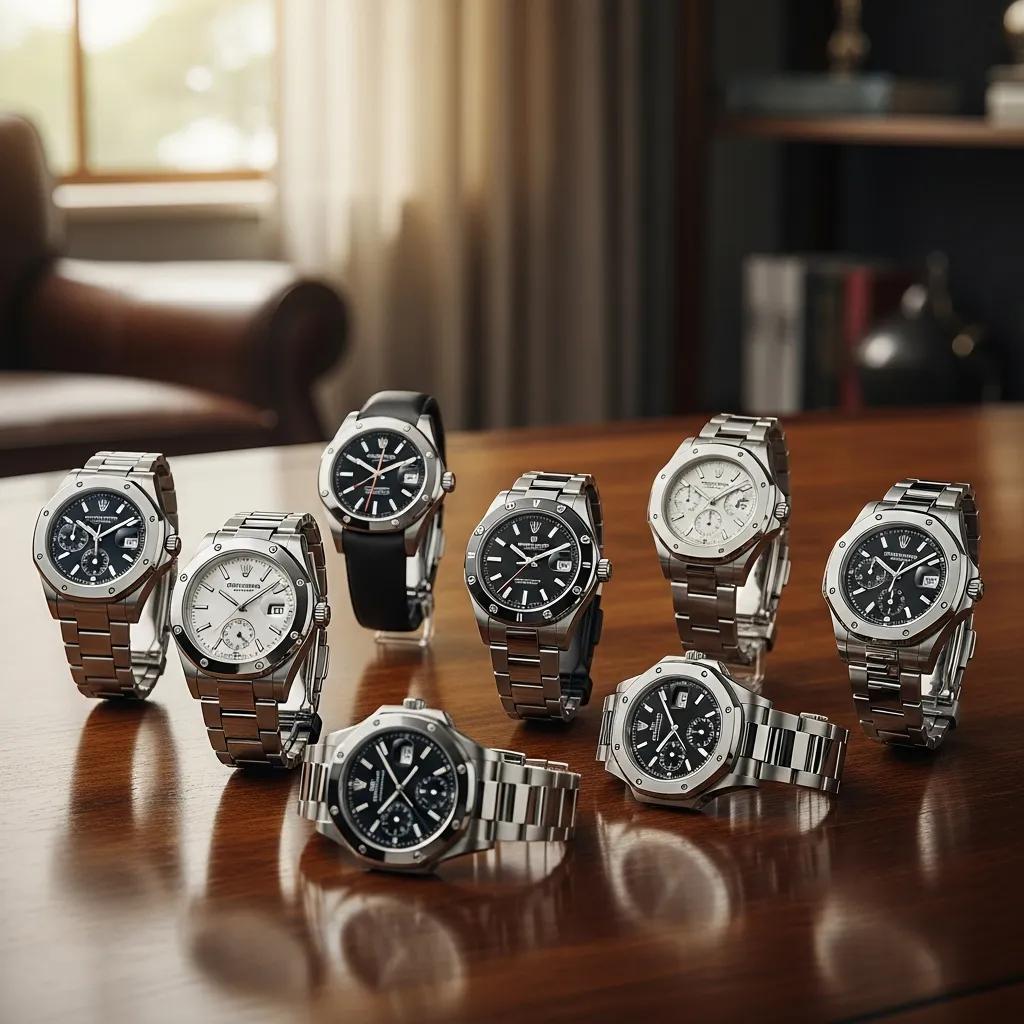 Collection of luxury replica watches displayed elegantly on a wooden table