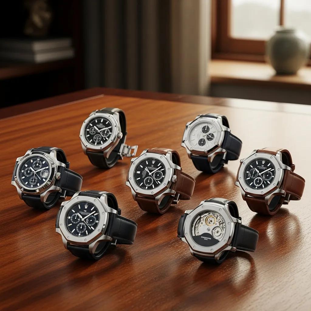 Collection of luxury replica watches displayed elegantly, showcasing craftsmanship and design
