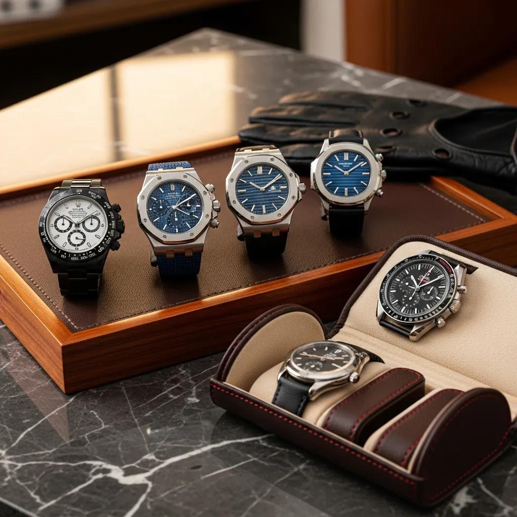 Collection of luxury replica watches displayed elegantly, showcasing intricate designs and craftsmanship