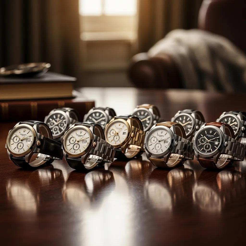 Collection of luxury replica watches displayed elegantly, showcasing intricate designs and craftsmanship