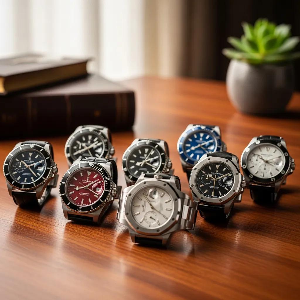 Collection of luxury replica watches displayed on a wooden table, showcasing craftsmanship and elegance