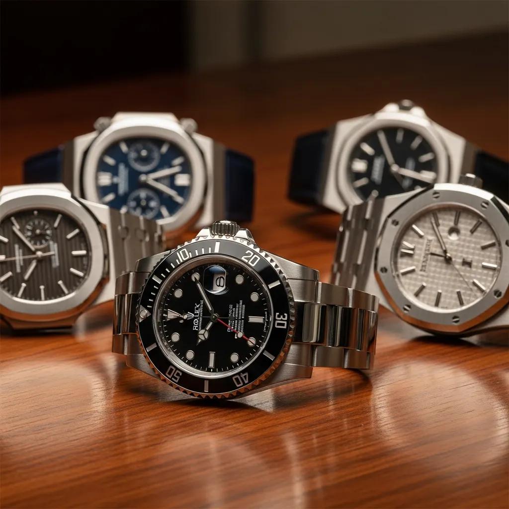 Collection of luxury replica watches including a Rolex Submariner on a dark wooden surface