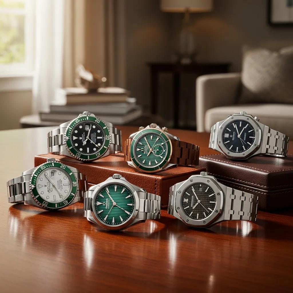 Collection of luxury replica watches on a wooden table, showcasing the best fake watches