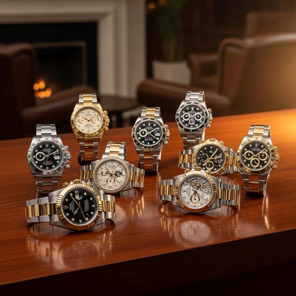 Collection of luxury Rolex replica watches displayed elegantly on a wooden surface