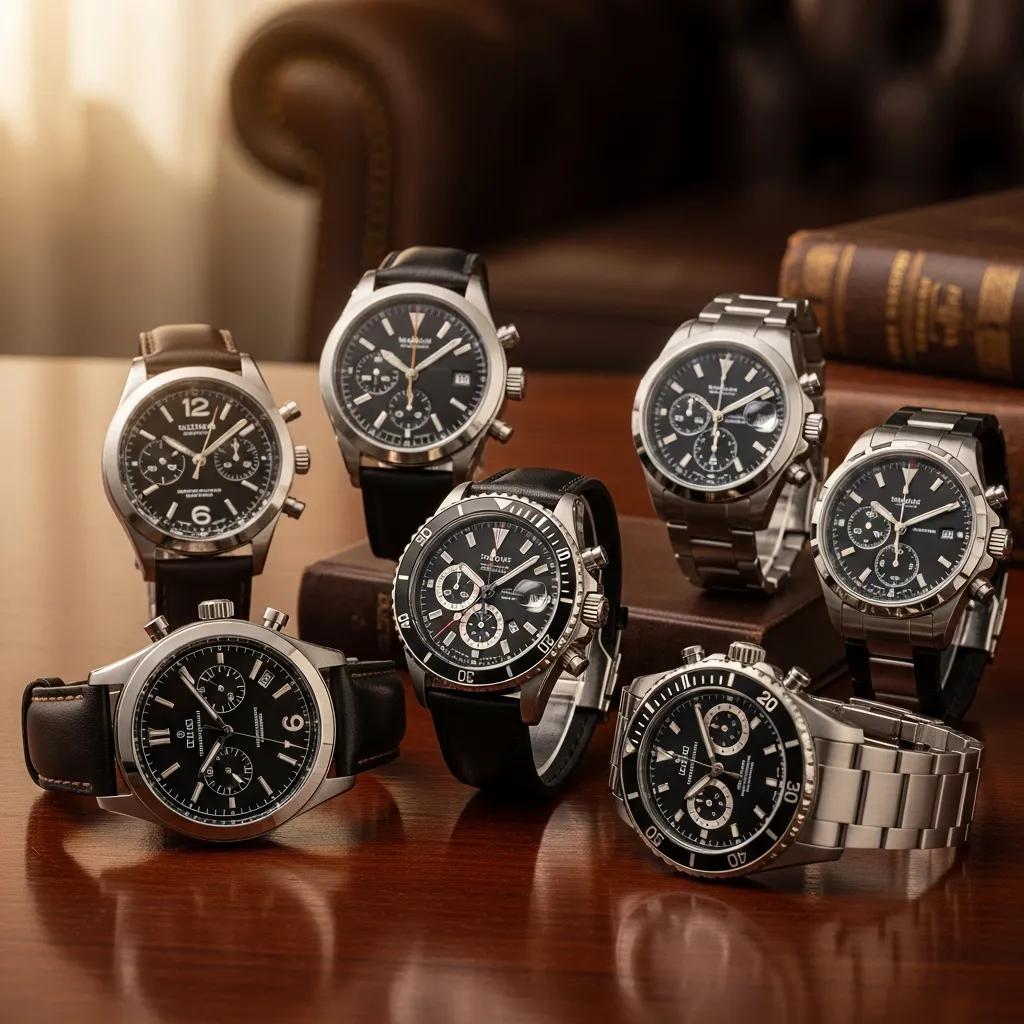 Collection of luxury watches showcasing authentic and replica designs on a wooden surface