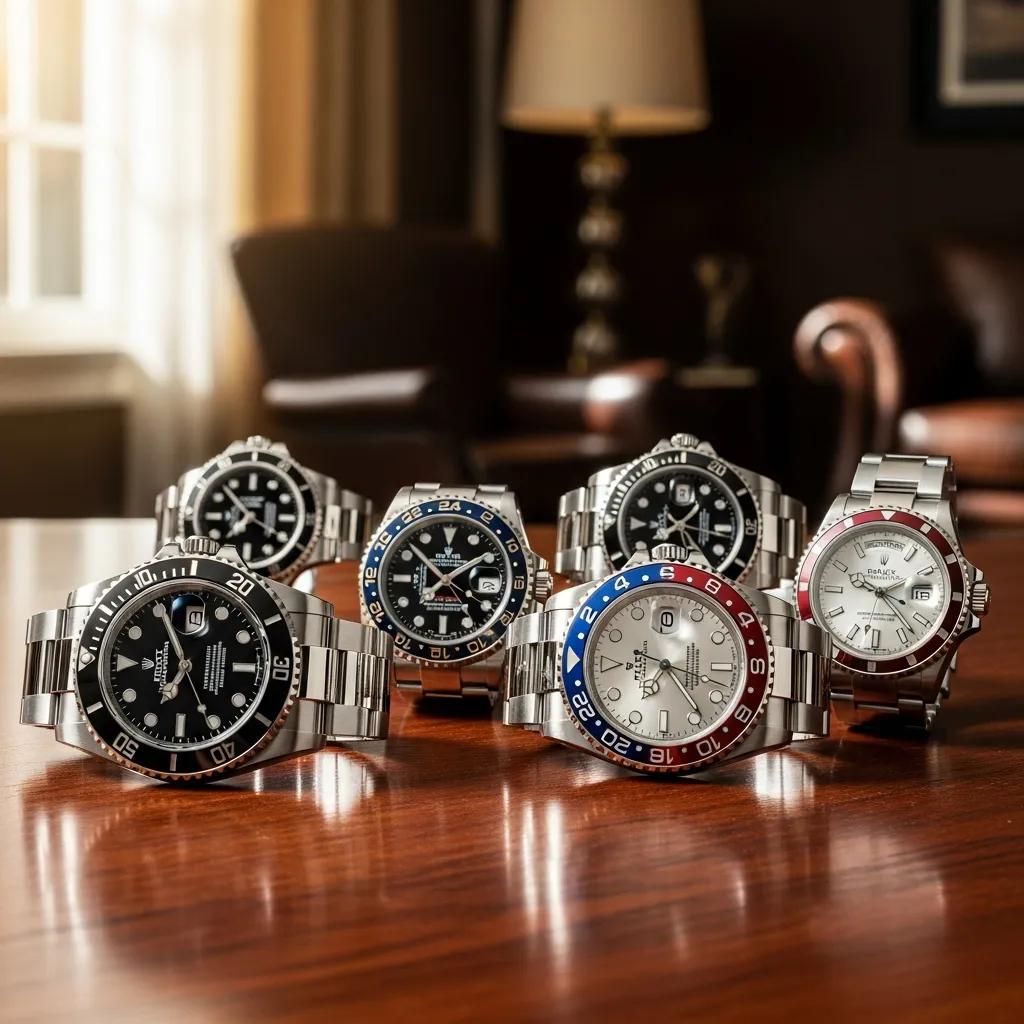 Collection of replica Rolex watches displayed elegantly, emphasizing luxury and quality