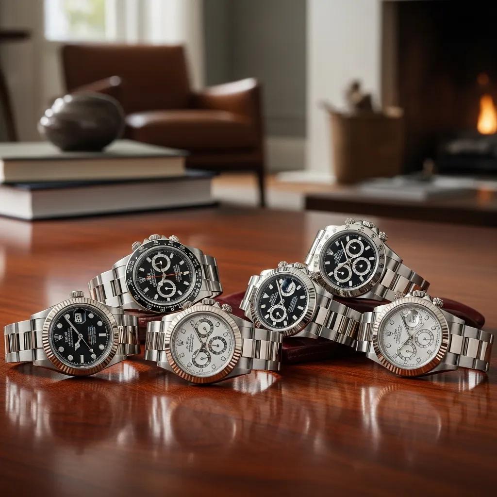 Collection of replica Rolex watches displayed elegantly, emphasizing luxury and sophistication