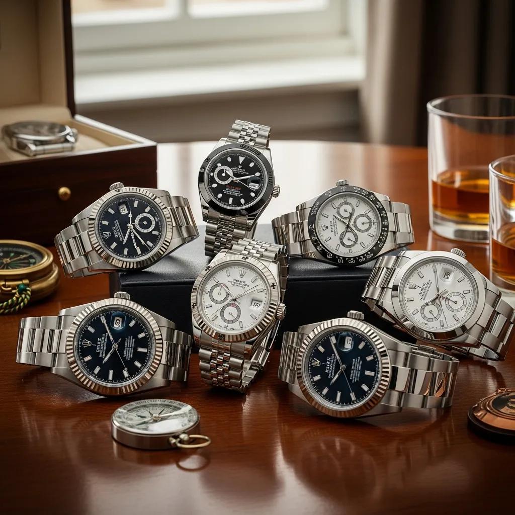 Collection of replica Rolex watches displayed elegantly, showcasing craftsmanship and luxury