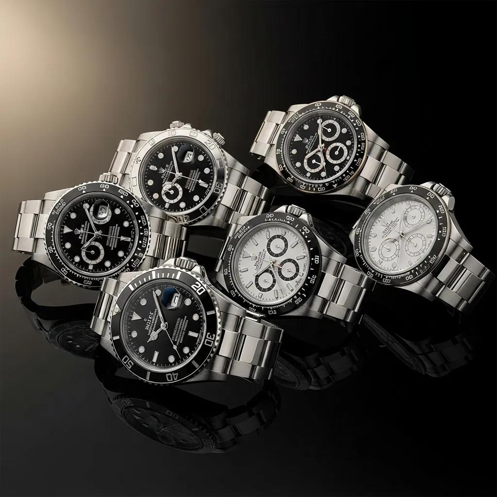 Collection of replica Rolex watches including Submariner, Daytona, and Datejust, highlighting their unique designs