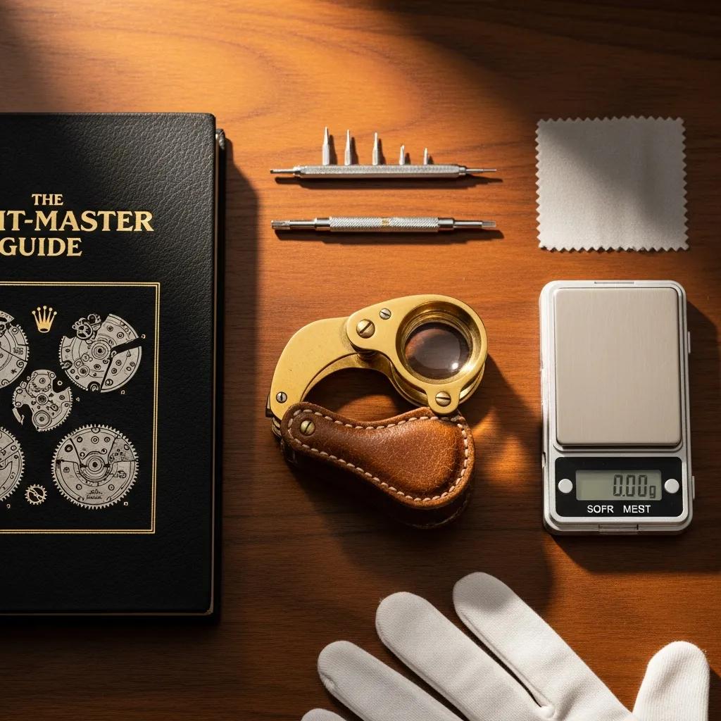 Collection of tools for verifying Rolex GMT Master authenticity including loupe and weight scale