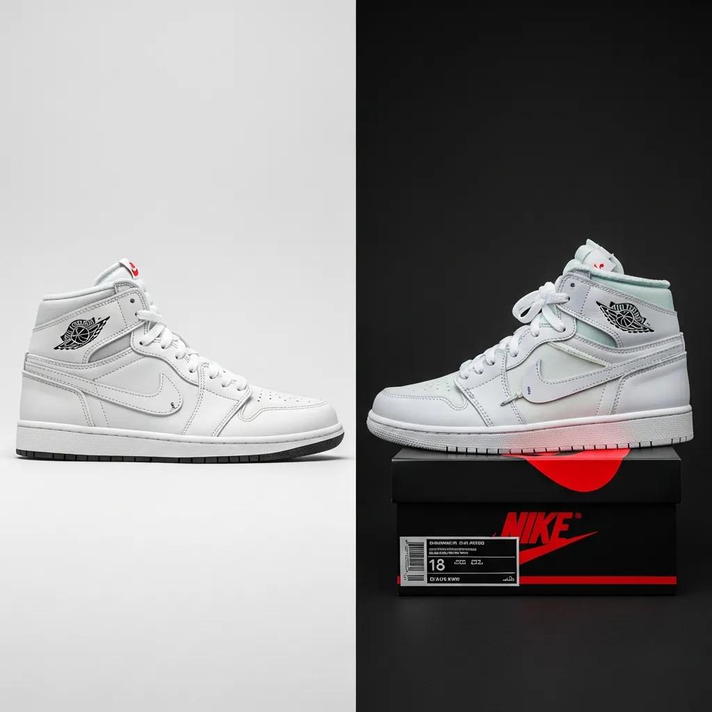 Comparison of authentic and replica Jordan 1 Off White sneakers highlighting key differences