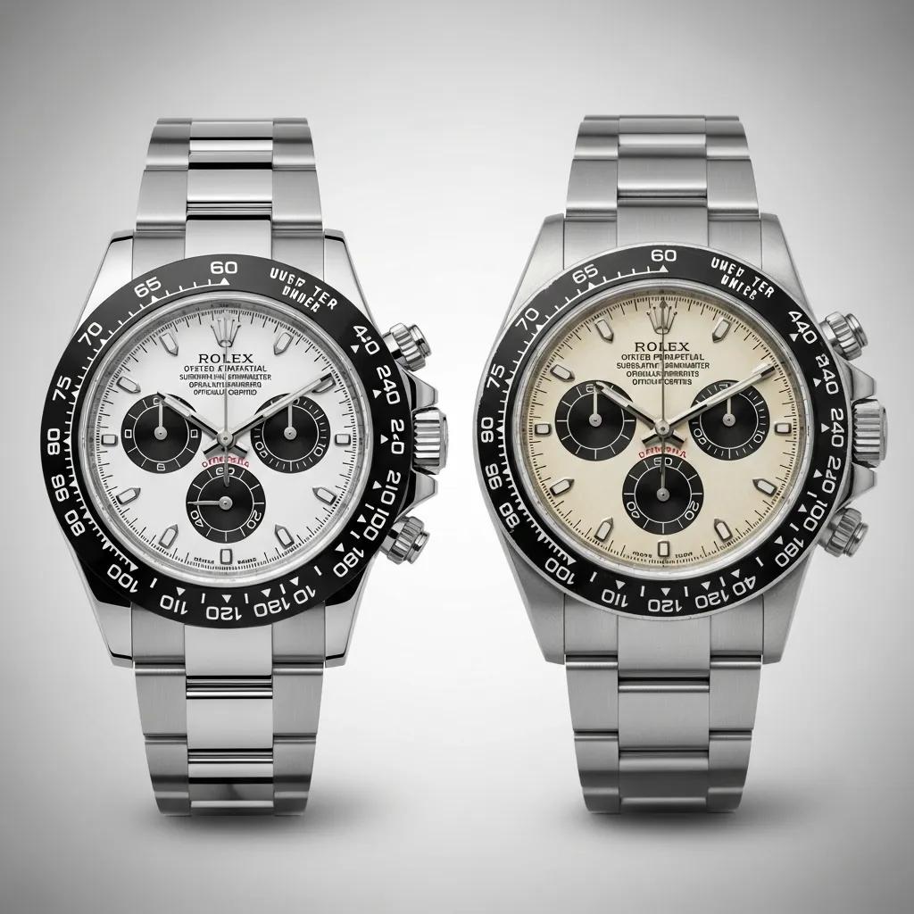 Comparison of authentic Rolex Daytona and a fake watch highlighting key differences
