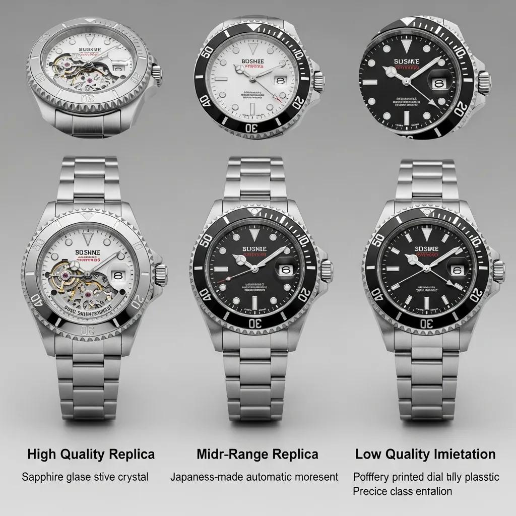 Comparison of different quality tiers of fake watches, showcasing high, mid, and low-quality replicas