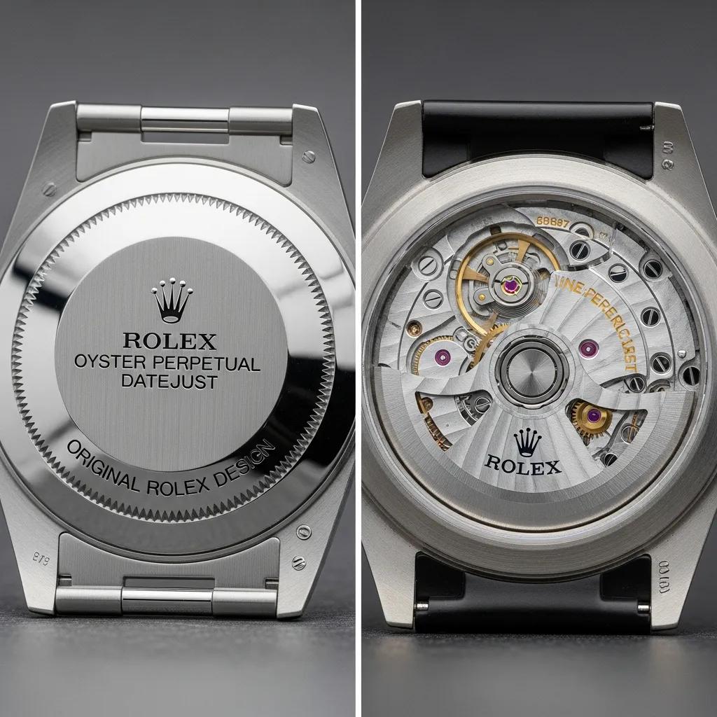 Comparison of engraved and see-through Rolex casebacks highlighting authenticity features