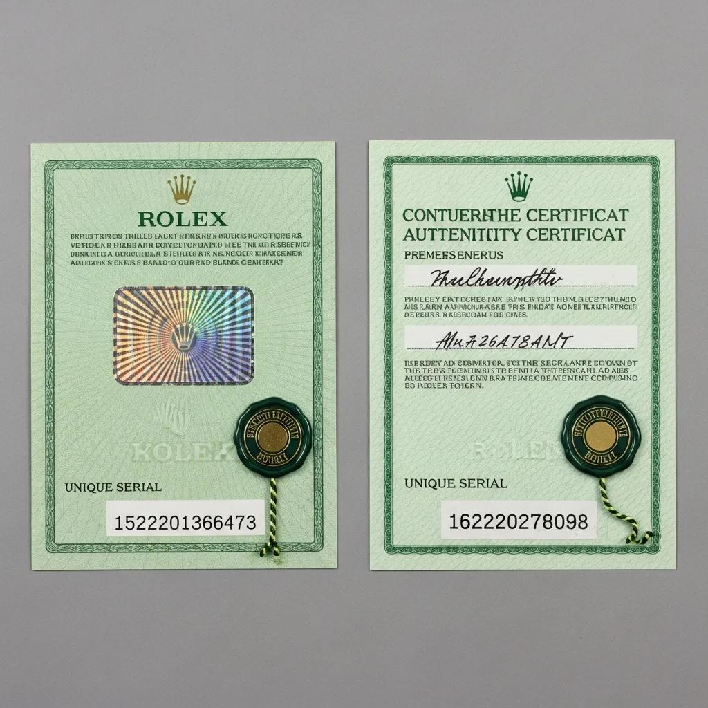 Comparison of genuine and counterfeit Rolex authenticity certificates