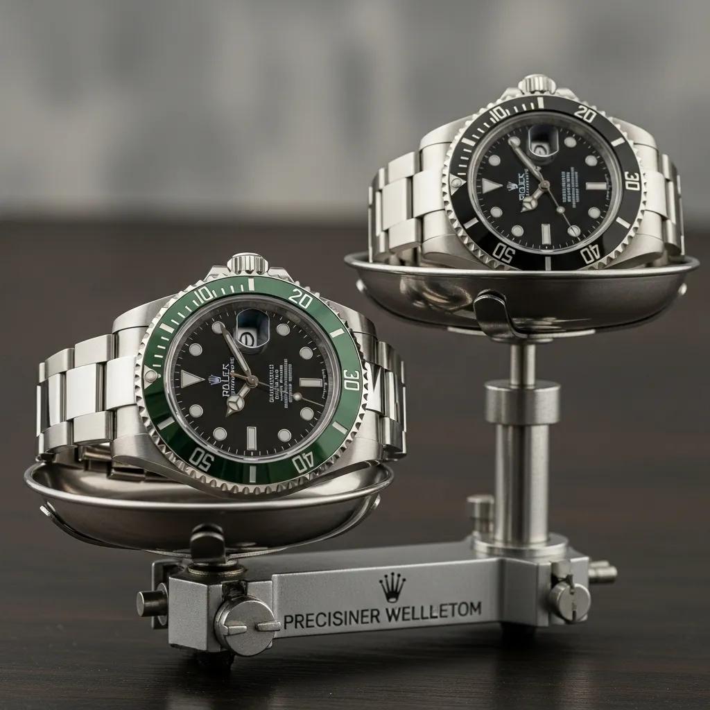 Comparison of genuine and counterfeit Rolex watches on a scale, highlighting weight differences