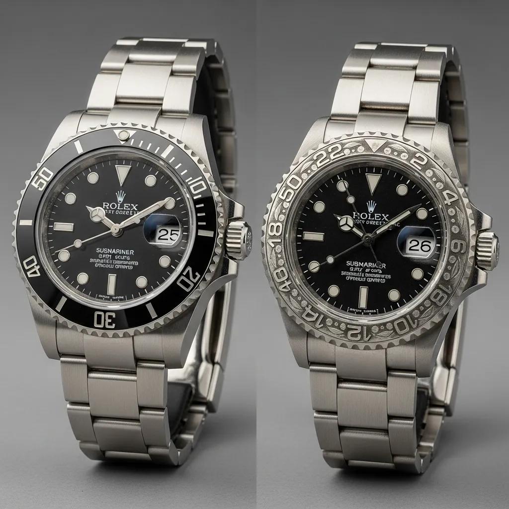 Comparison of genuine and fake Rolex Submariner watches highlighting key differences