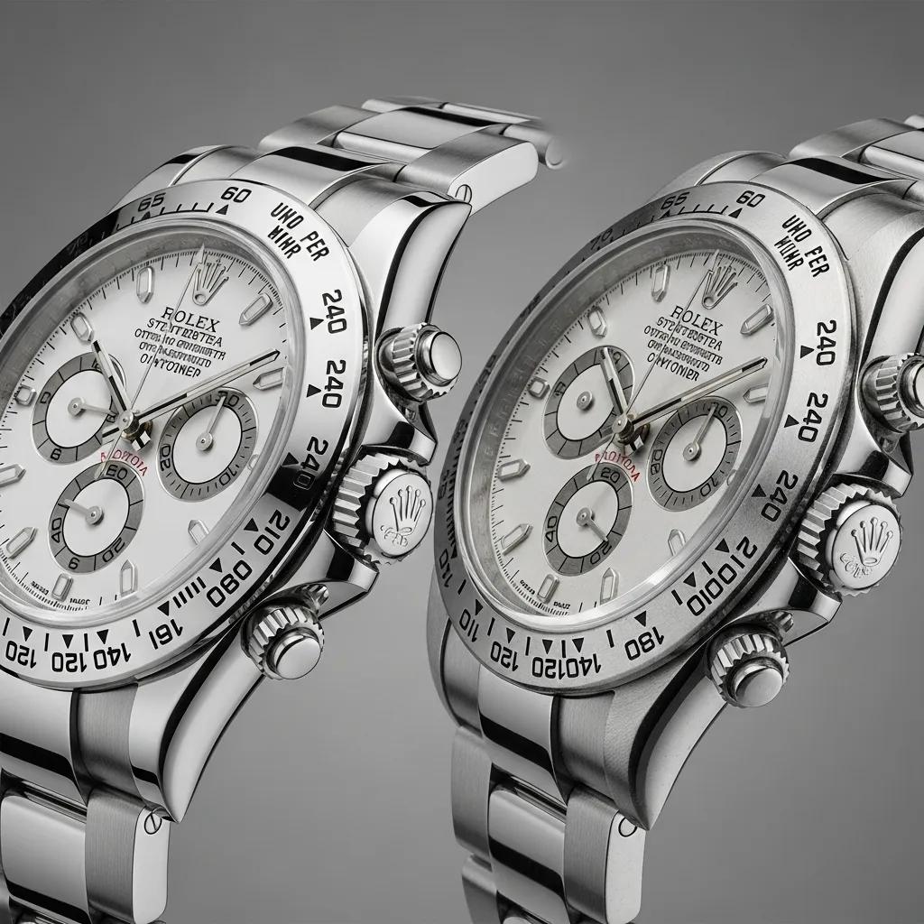 Comparison of genuine Rolex Daytona and counterfeit watch highlighting key differences