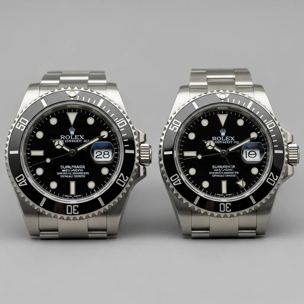 Comparison of genuine Rolex Submariner and replica, highlighting visual differences