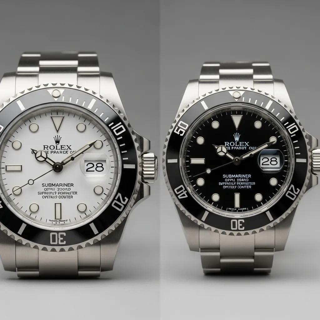Comparison of genuine Rolex Submariner bezel and dial against a replica highlighting differences