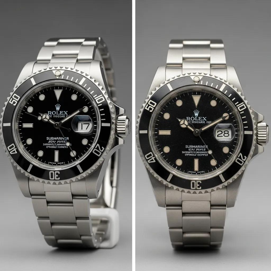 Comparison of genuine Rolex watch and counterfeit version highlighting differences