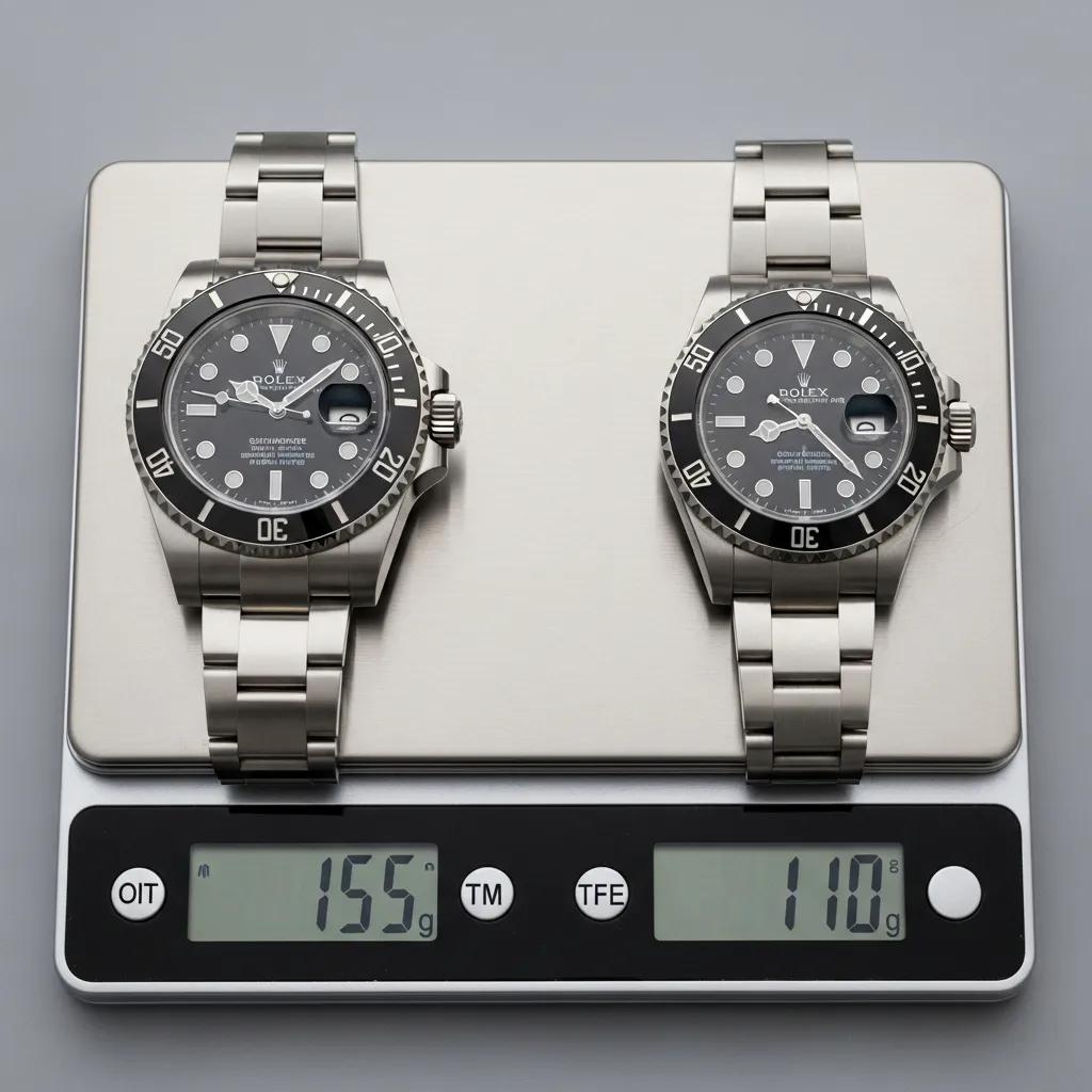 Comparison of genuine Rolex watch and replica highlighting weight and material differences
