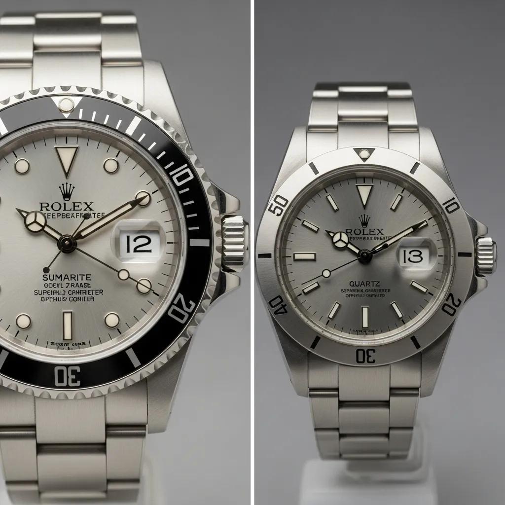 Comparison of genuine Rolex watch with smooth movement and counterfeit watch with ticking motion