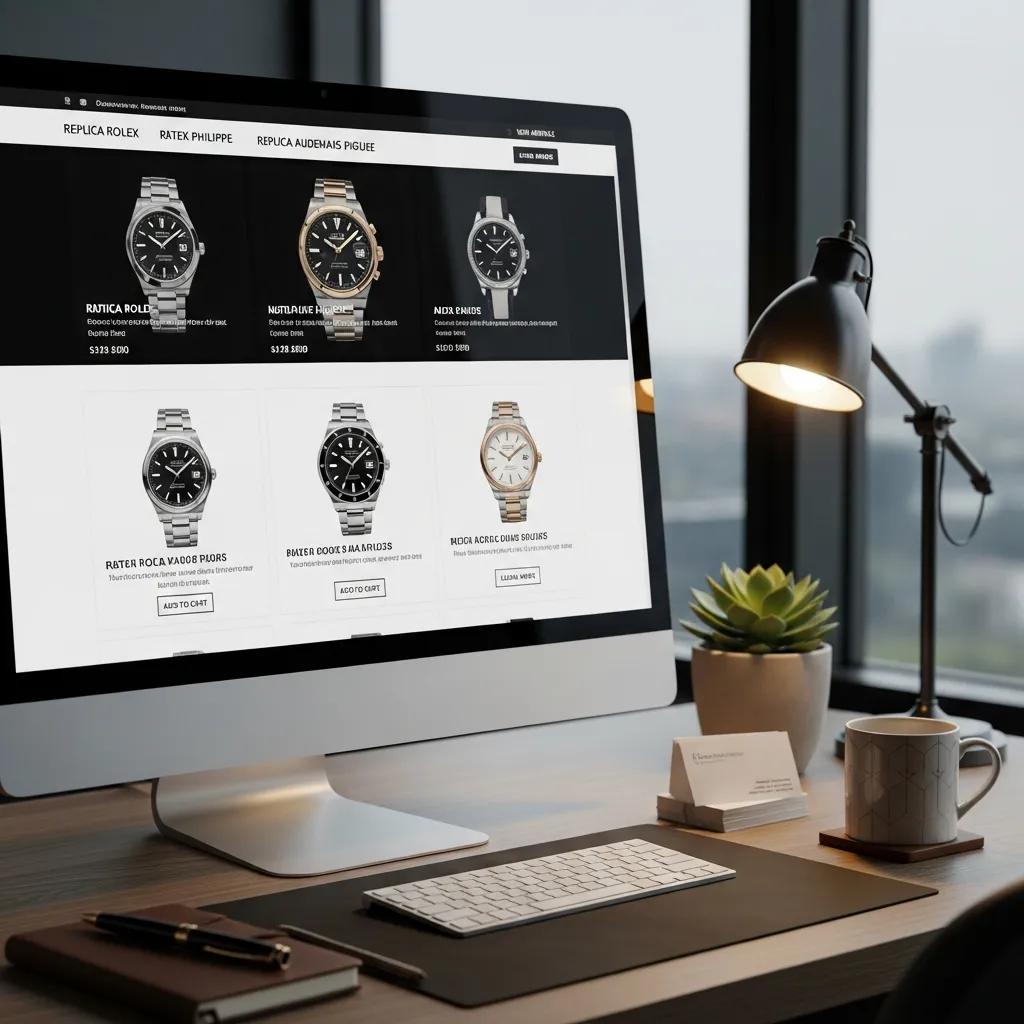 Computer screen displaying a reputable replica watch website in a modern workspace