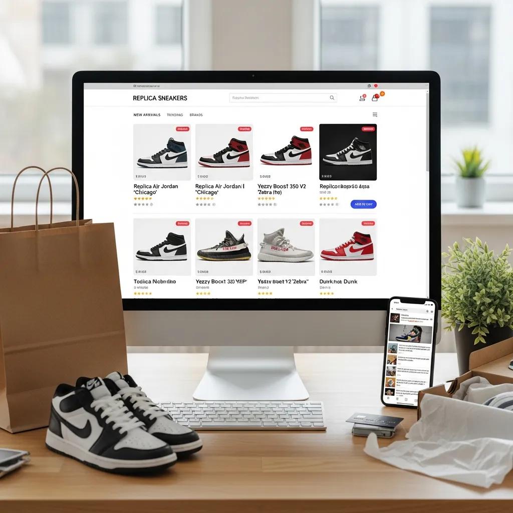 Computer screen displaying a trusted online marketplace for replica sneakers