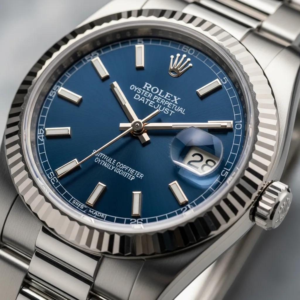 Detailed view of Rolex Datejust dial and bezel highlighting authenticity features