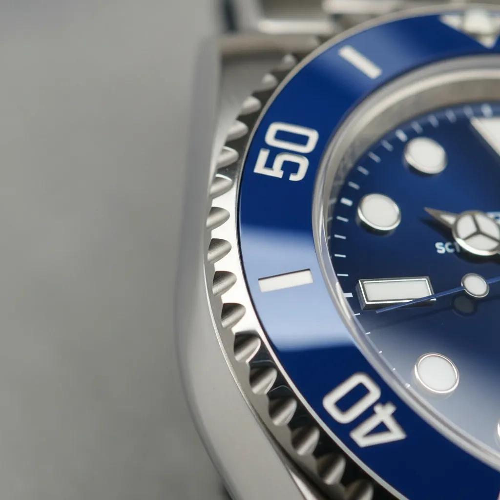 Detailed view of Rolex Submariner Blue Cerachrom bezel showing crisp markings and color consistency