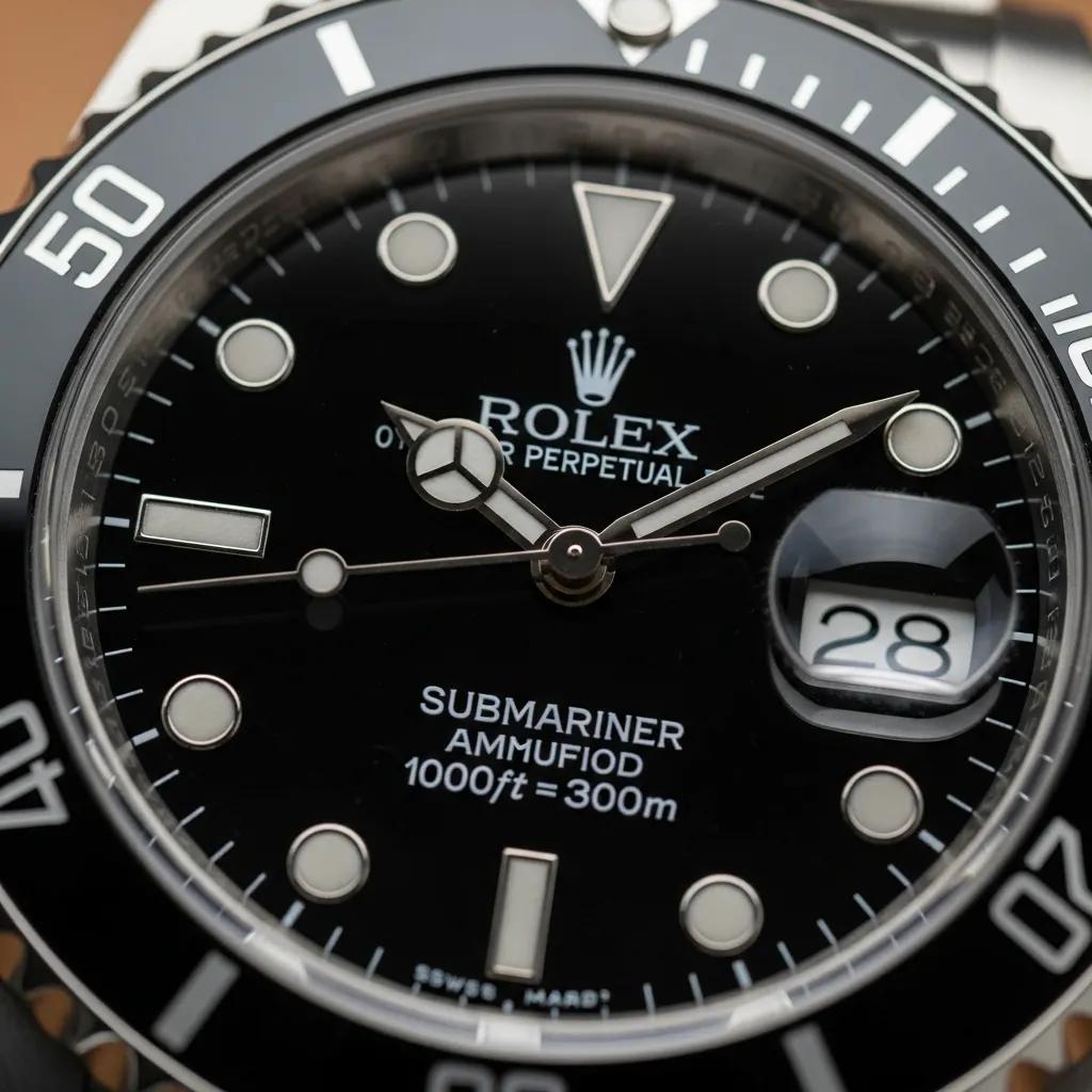 Detailed view of Rolex Submariner dial emphasizing printing quality and Cyclops lens