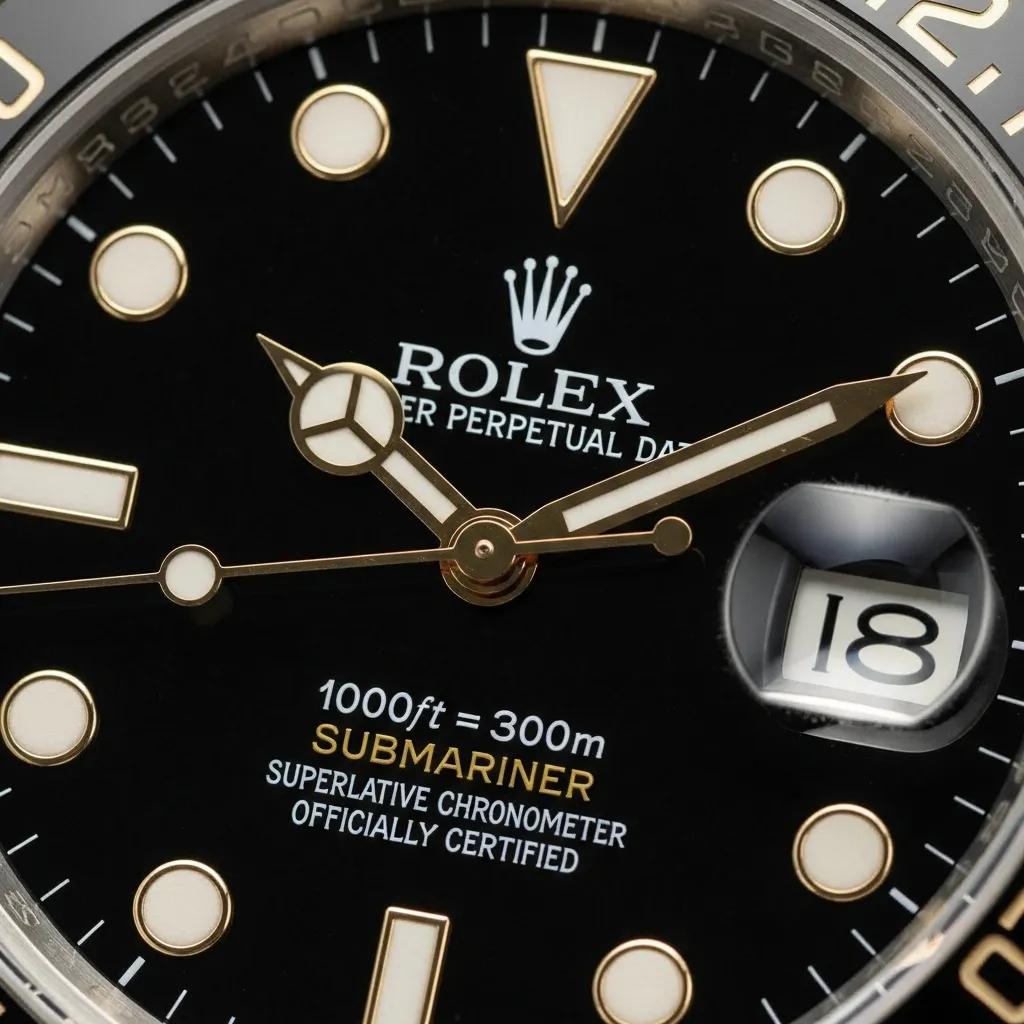 Detailed view of Rolex watch dial and logo, showcasing craftsmanship and authenticity indicators