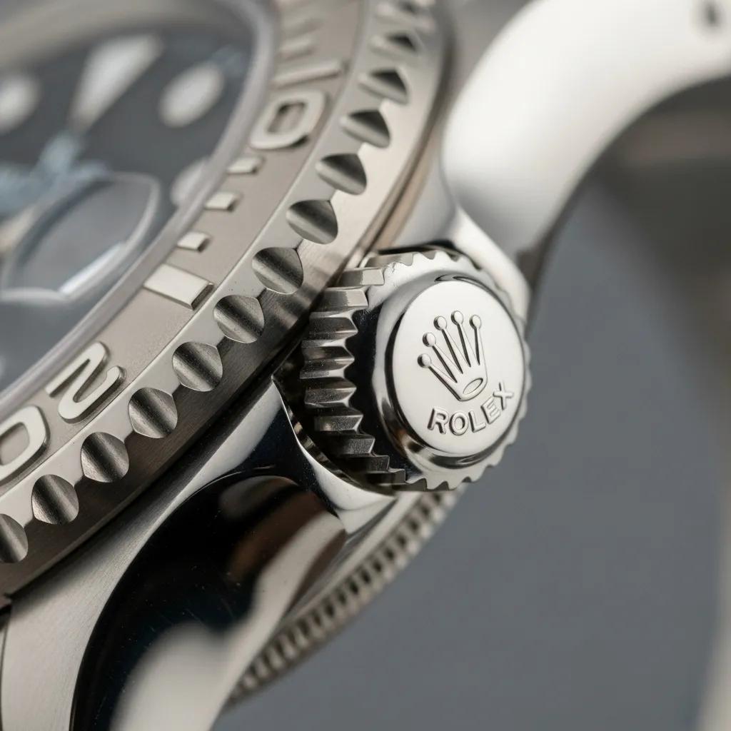 Detailed view of Rolex Yacht Master crown and case highlighting authenticity indicators