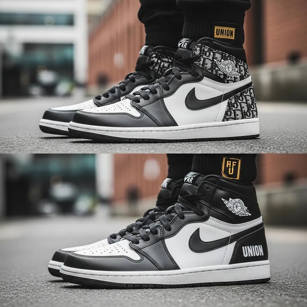 Dior and Union Jordan 1 sneakers displayed in an urban setting, highlighting sneaker culture and design