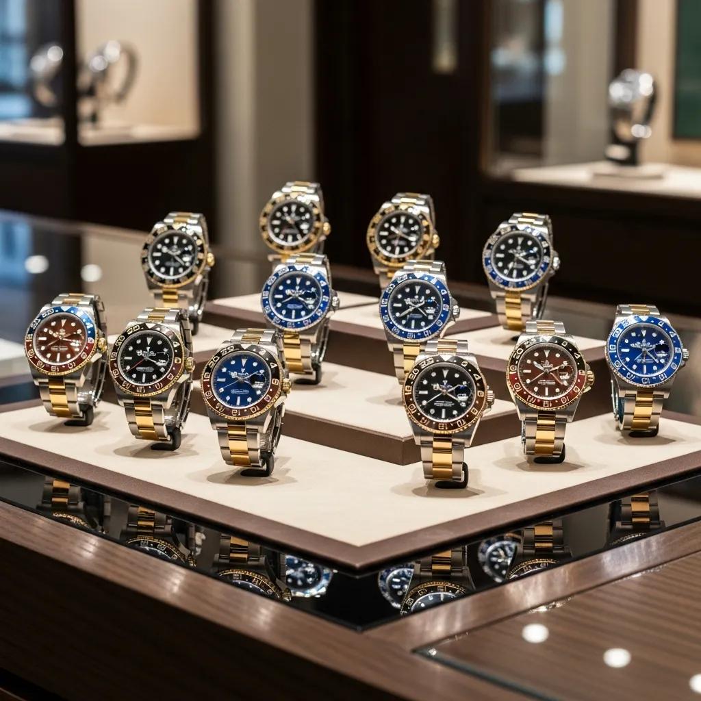 Display of luxury replica Rolex GMT Master II watches in an upscale retail environment