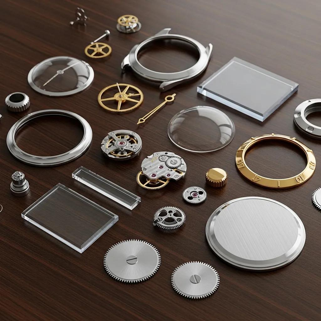 Display of watch materials including stainless steel, gold plating, and sapphire crystal, highlighting quality and craftsmanship