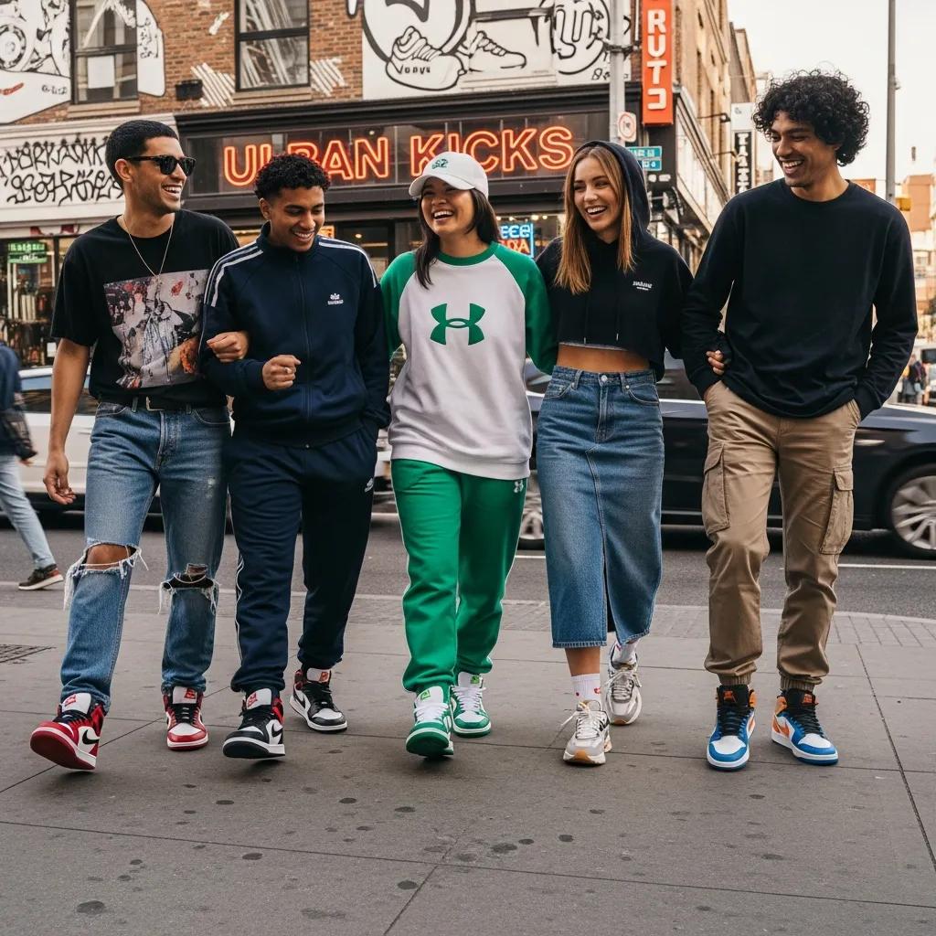 Diverse group of individuals wearing stylish replica sneakers in an urban environment