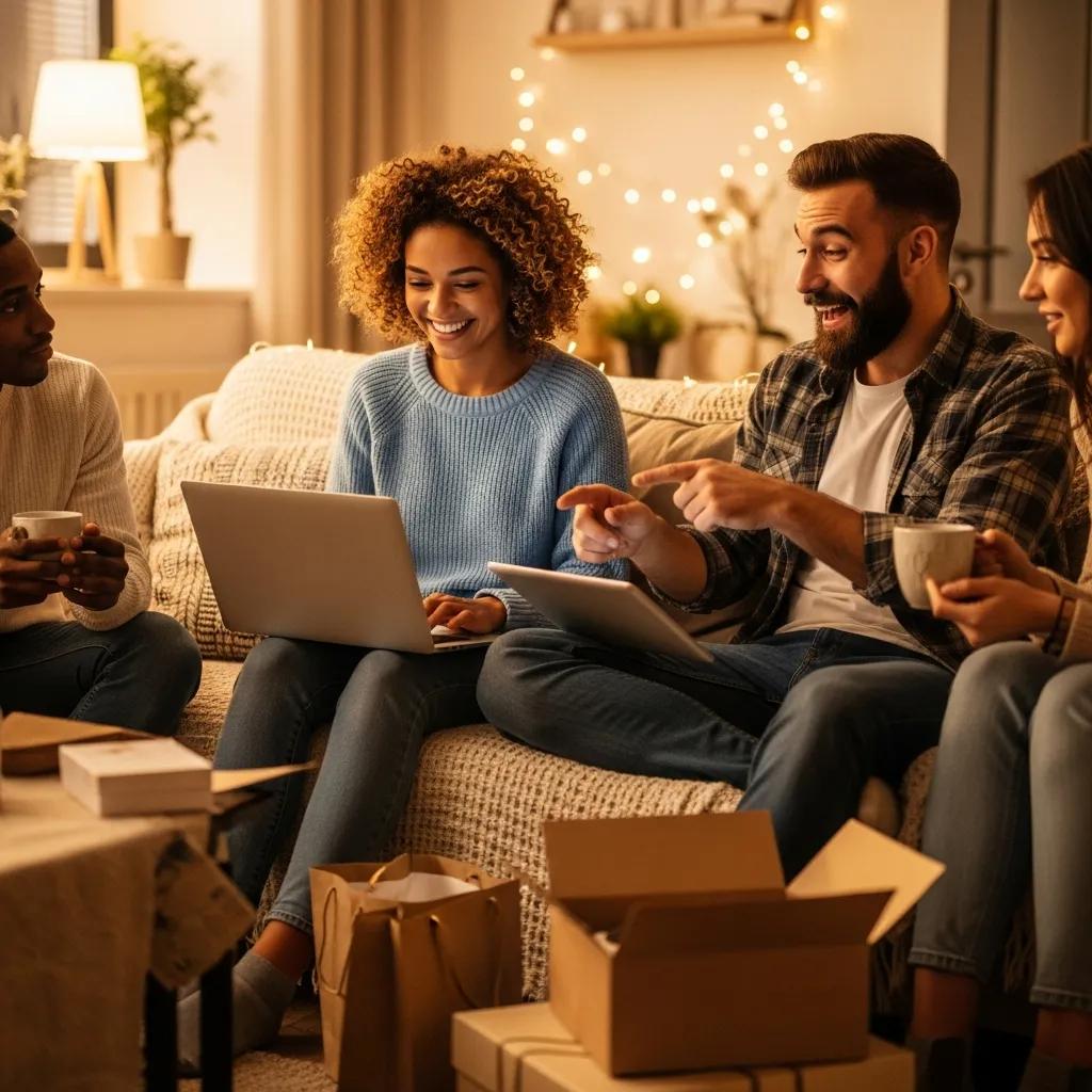 Diverse group of people enjoying online shopping in a cozy home setting