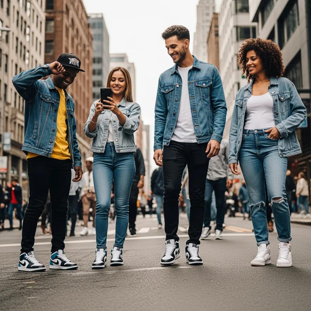 Diverse group of people wearing stylish replica sneakers in an urban setting