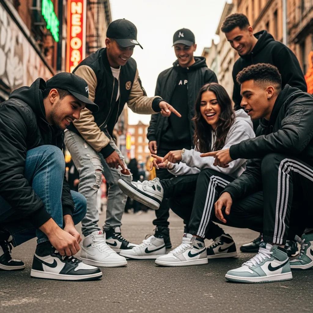 Diverse group of people wearing stylish replica sneakers in an urban setting, showcasing sneaker culture