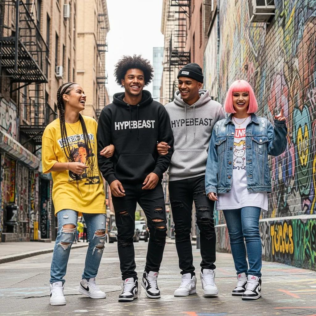 Diverse group of young adults in replica streetwear showcasing hoodies and tees in an urban environment