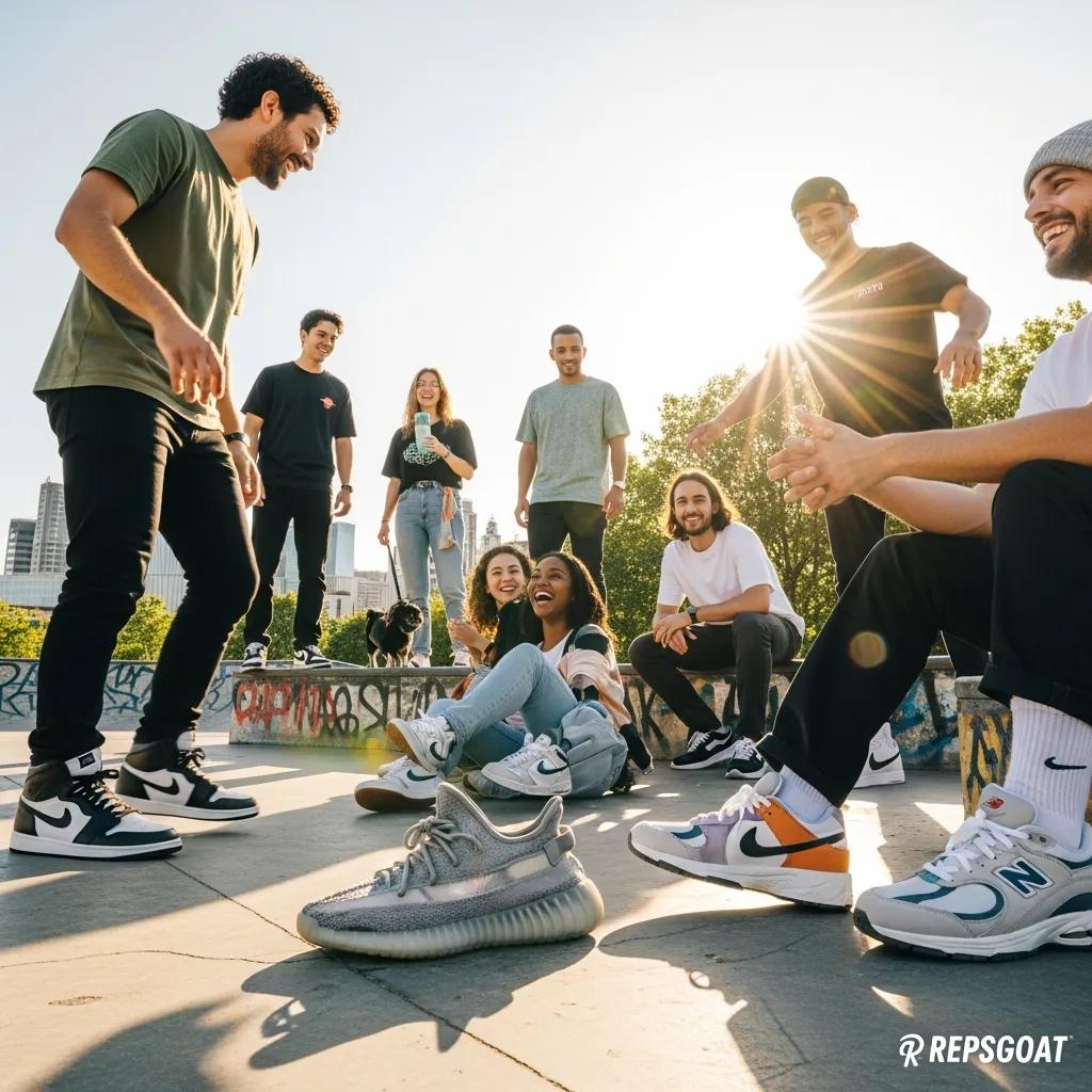 Diverse individuals wearing RepsGoat replica sneakers, showcasing customer satisfaction