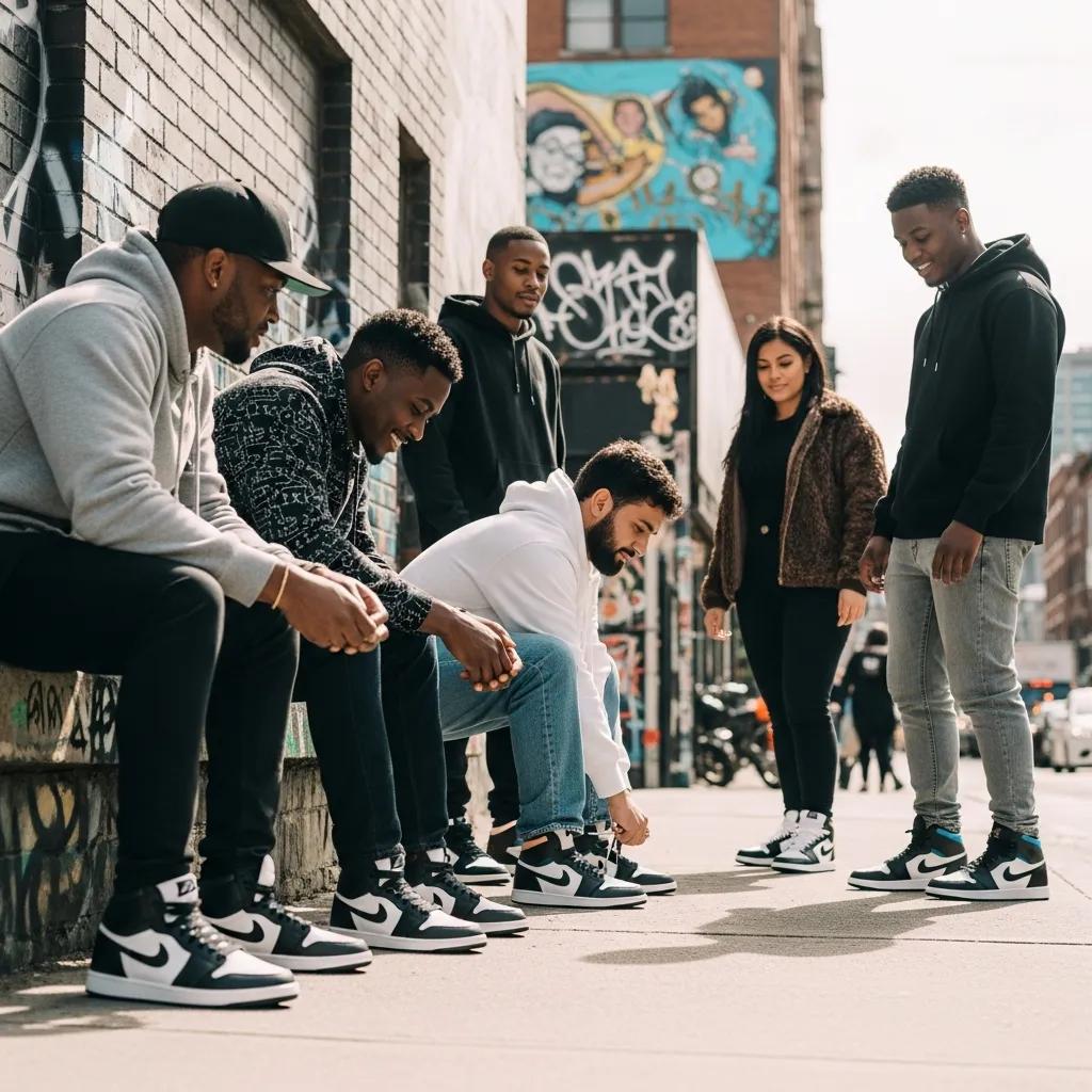 Diverse sneaker enthusiasts showcasing stylish fake Jordan shoes in an urban environment